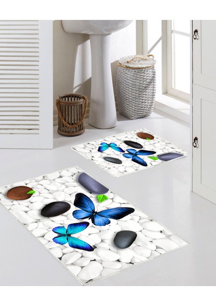 3 Boyutlu Kelebek Baskılı 2'li Büyük Boy Banyo Paspas Seti