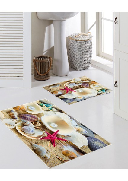 Deniz Kabuğu Baskılı 2'li Büyük Boy Banyo Paspas Seti