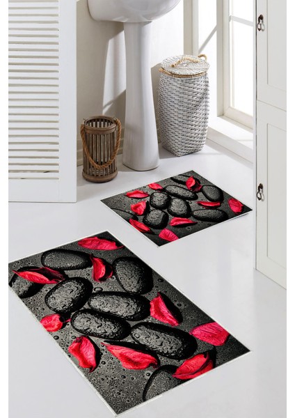 Siyah Taş Desenli 2'li Büyük Boy Banyo Paspas Seti