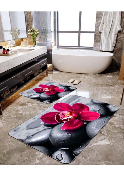 Menekşe Desenli 2'li Büyük Boy Banyo Paspas Seti