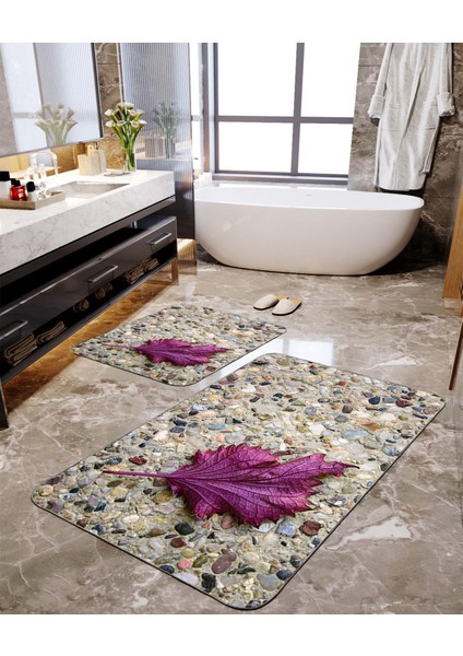 Mor Yaprak Desenli 2'li Büyük Boy Banyo Paspas Seti