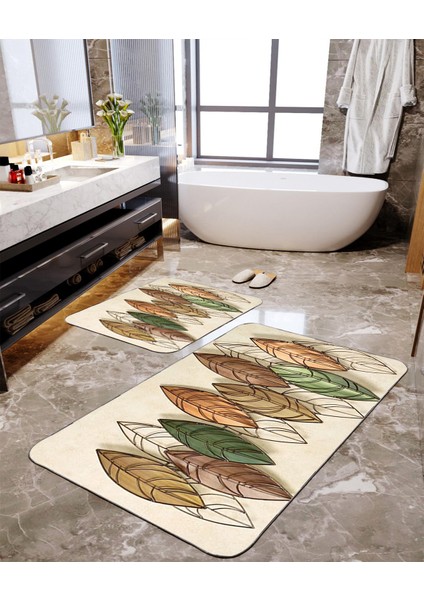 3 Boyutlu Yaprak Desenli 2'li Büyük Boy Banyo Paspas Seti
