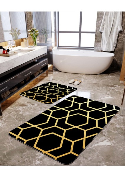 Gold Geometrik Desenli 2'li Büyük Boy Banyo Paspas Seti