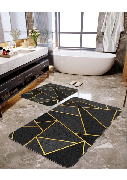 Siyah Geometrik Desenli 2'li Büyük Boy Banyo Paspas Seti