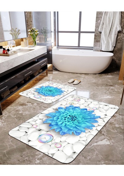 Mavi Çiçek Desenli 2'li Büyük Boy Banyo Paspas Seti