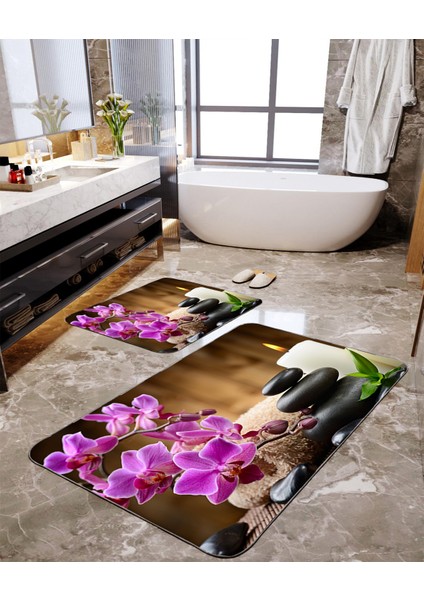 Denge Taşı Desenli 2'li Büyük Boy Banyo Paspas Seti