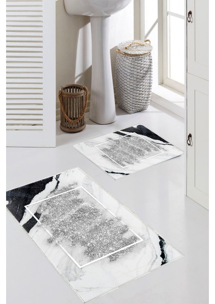 Simli Mermer Desenli 2'li Büyük Boy Banyo Paspas Seti