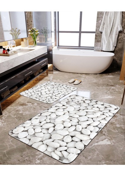 Beyaz Taş Baskılı 2'li Büyük Boy Banyo Paspas Seti