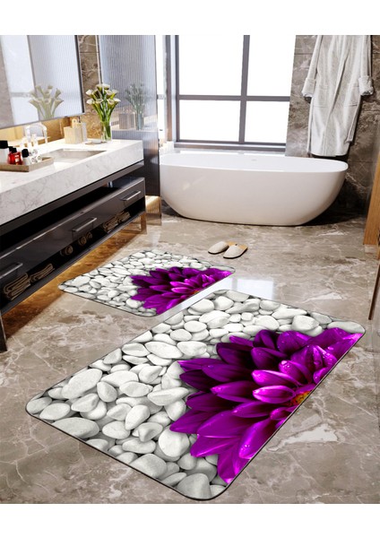 Mor Çiçek Desenli 2'li Büyük Boy Banyo Paspas Seti