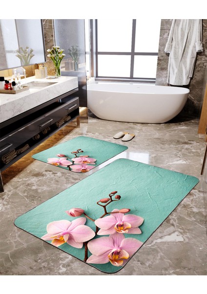 Pembe Orkide Desenli 2'li Büyük Boy Banyo Paspas Seti