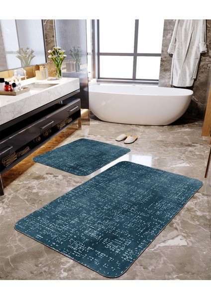 Petrol Yeşili Baskılı 2'li Büyük Boy Banyo Paspas Seti