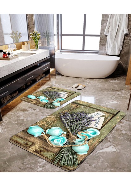 Lavanta Desenli 2'li Büyük Boy Banyo Paspas Seti