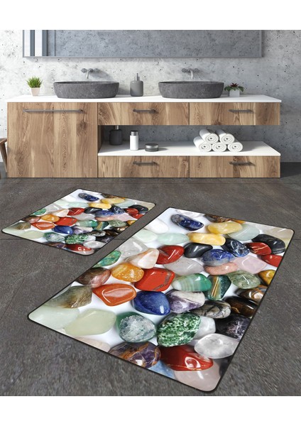 Renkli Taşlı 2'li Büyük Boy Banyo Paspas Seti