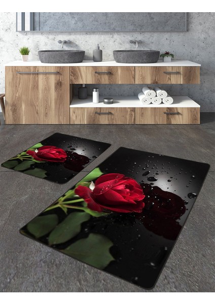 Kırmızı Gül Desenli 2'li Büyük Boy Banyo Paspas Seti