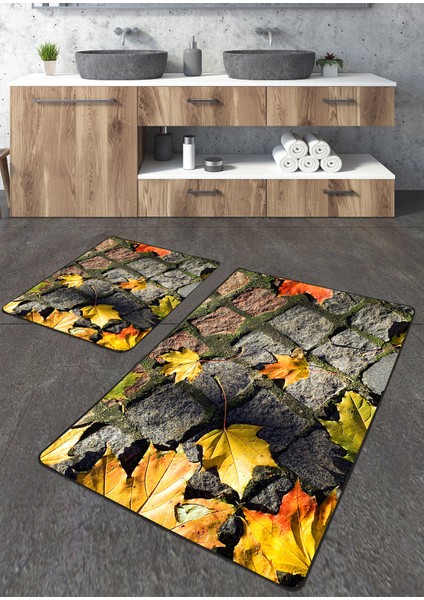 Sonbahar Yaprak Desenli 2'li Büyük Boy Banyo Paspas Seti