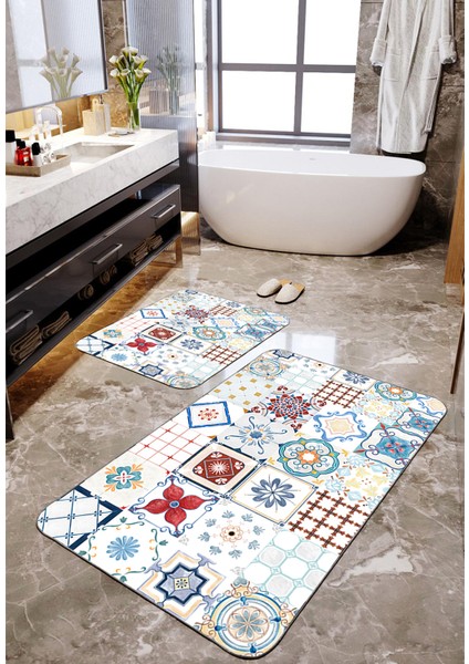 Motif Desenli 2'li Büyük Boy Banyo Paspas Seti