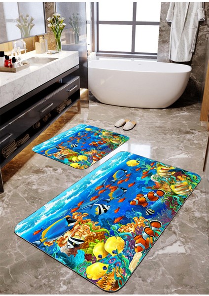 Mavi Balıklı 2'li Büyük Boy Banyo Paspas Seti