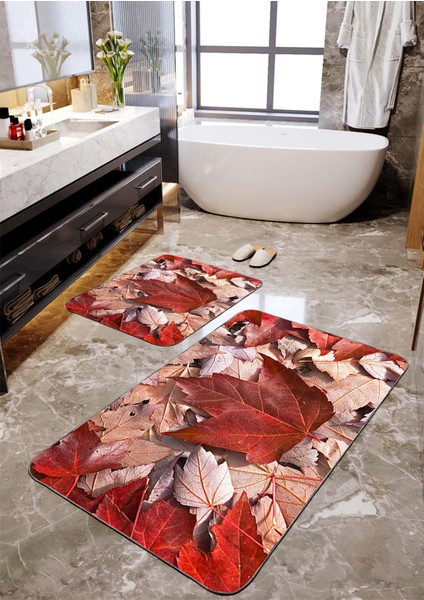 Sonbahar Yaprak Desenli 2'li Büyük Boy Banyo Paspas Seti