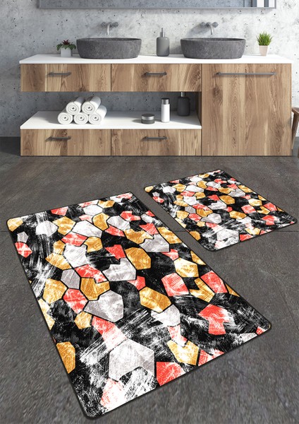 Turuncu Sarı Renkli Eskitme Desenli 2'li Büyük Boy Banyo Paspas Seti