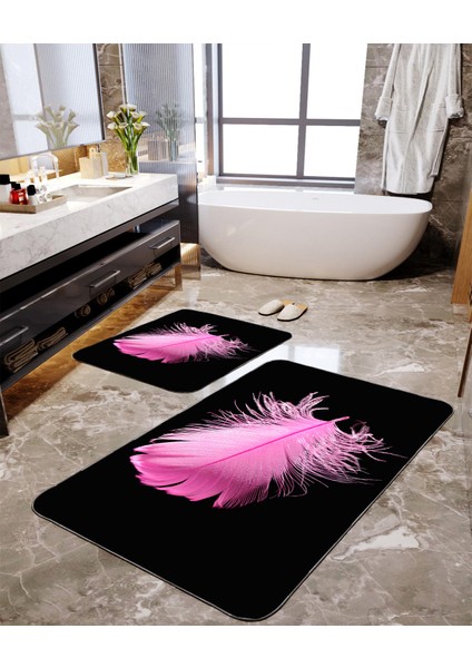 Pembe Tüy Desenli 2'li Büyük Boy Banyo Paspas Seti
