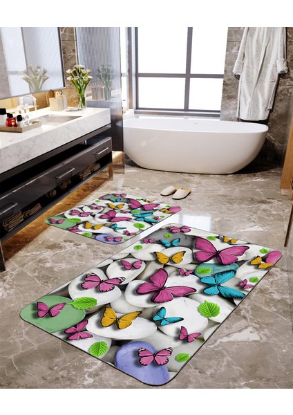 Renli Kelebek Desenli 2'li Büyük Boy Banyo Paspas Seti