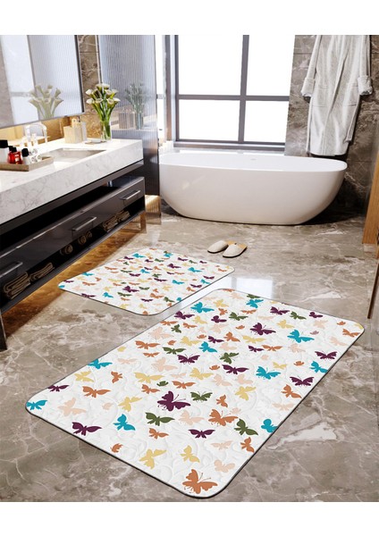 Küçük Kelebek Baskılı 2'li Büyük Boy Banyo Paspas Seti