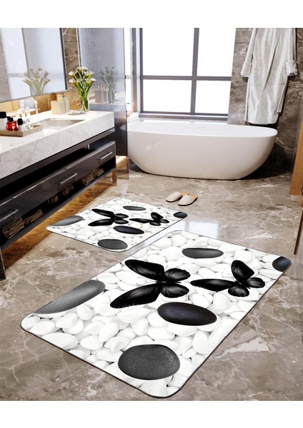 Siyah Kelebekler 2'li Büyük Boy Banyo Paspas Seti