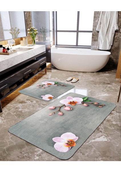 Pudra Orkide Desenli 2'li Büyük Boy Banyo Paspas Seti