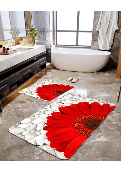 Kırmızı Papatya Desenli 2'li Büyük Boy Banyo Paspas Seti