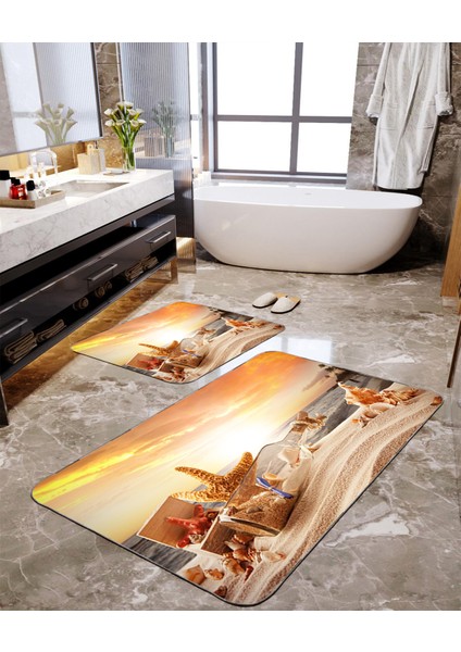 Gün Batımı Baskılı 2'li Büyük Boy Banyo Paspas Seti