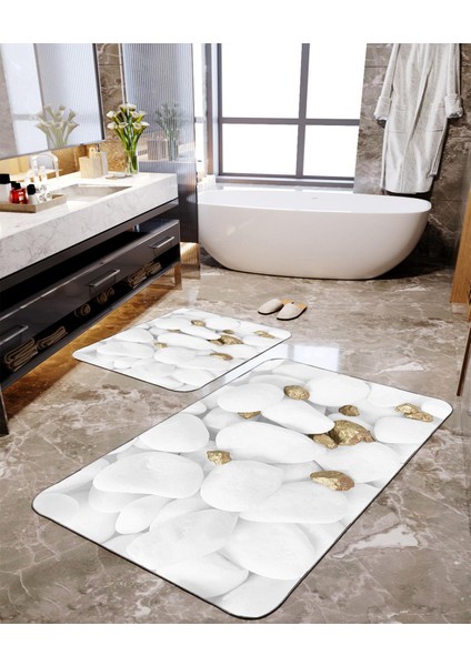 Beyaz Taş Desenli 2'li Büyük Boy Banyo Paspas Seti
