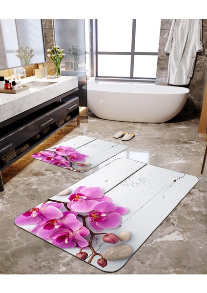 Orkide Desenli 2'li Büyük Boy Banyo Paspas Seti