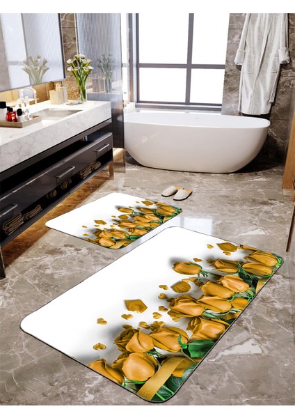 Sarı Gül Desenli 2'li Büyük Boy Banyo Paspas Seti