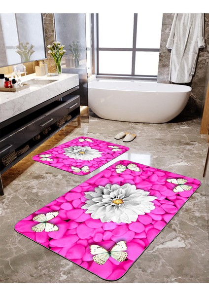 Pembe Zeminli Papatya Desenli 2'li Büyük Boy Banyo Paspas Seti