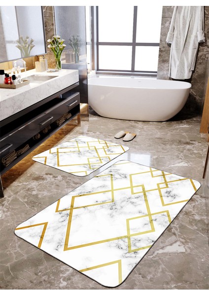 Geometrik Mermer Desenli 2'li Büyük Boy Banyo Paspas Seti