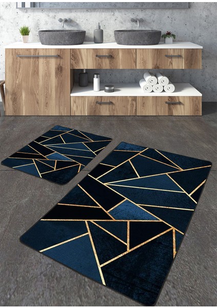 Özel Tasarım Geometrik Desenli 2'li Büyük Boy Banyo Paspas Seti