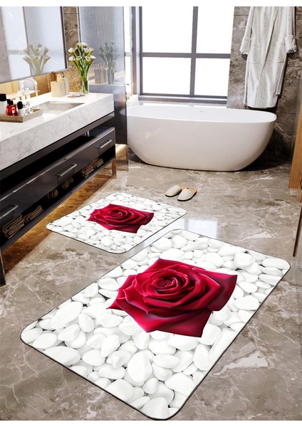 Kırmızı Çiçek Desenli 2'li Büyük Boy Banyo Paspas Seti