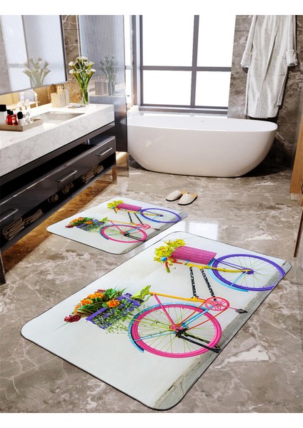 Bisiklet Desenli 2'li Büyük Boy Banyo Paspas Seti