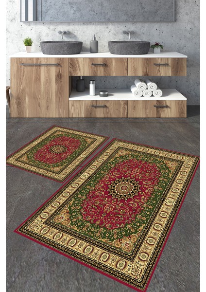 Eski Klasik Kilim Desenli 2'li Büyük Boy Banyo Paspas Seti