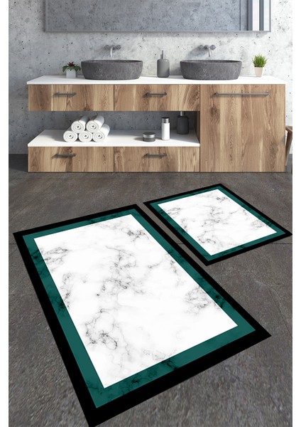 Yeşil Çerçeveli Mermer Desenli 2'li Büyük Boy Banyo Paspas Seti