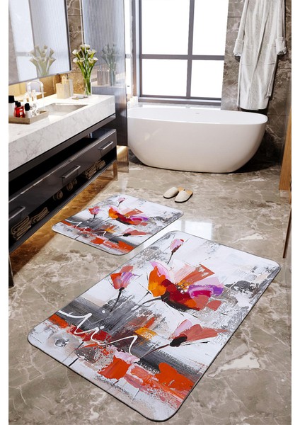Yağlı Boya Çiçek Desenli 2'li Büyük Boy Büyük Boy Banyo Paspas Seti