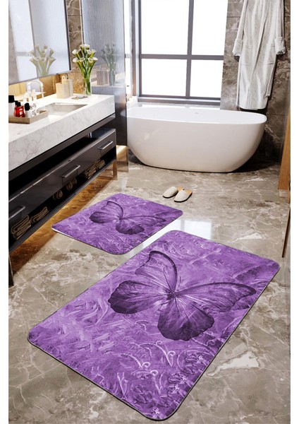 Mor Kelebek Desenli 2'li Büyük Boy Banyo Paspas Seti