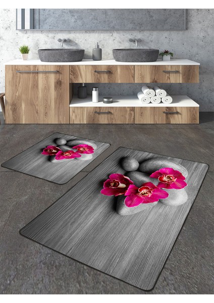 Çiçekli Taş Desenli 2'li Büyük Boy Banyo Paspas Seti