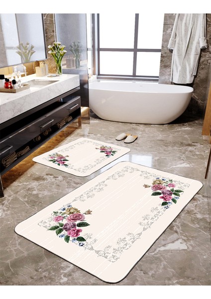 Soft Çiçek Desenli 2'li Büyük Boy Banyo Paspas Seti