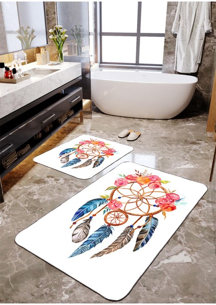 Tüylü Çelenk Desenli 2'li Büyük Boy Banyo Paspas Seti