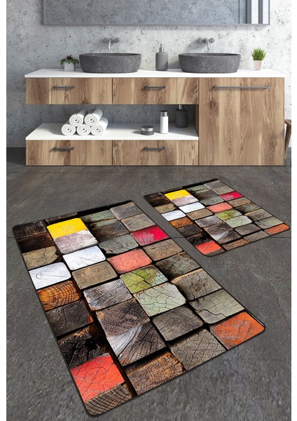 Renkli Modern Desenli 2'li Büyük Boy Banyo Paspas Seti