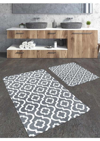 Geometrik Desenli 2'li Büyük Boy Banyo Paspas Seti