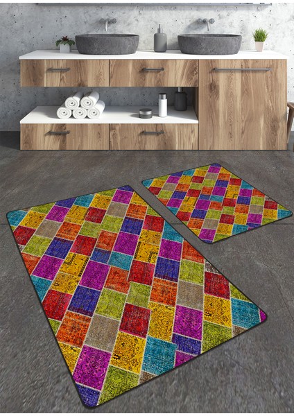 Patchwork Desenli 2'li Büyük Boy Banyo Paspas Seti
