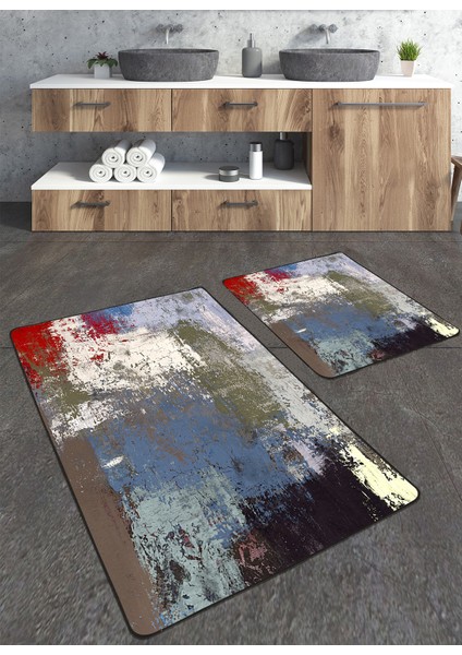 Boyalı Duvar Desenli 2'li Büyük Boy Banyo Paspas Seti