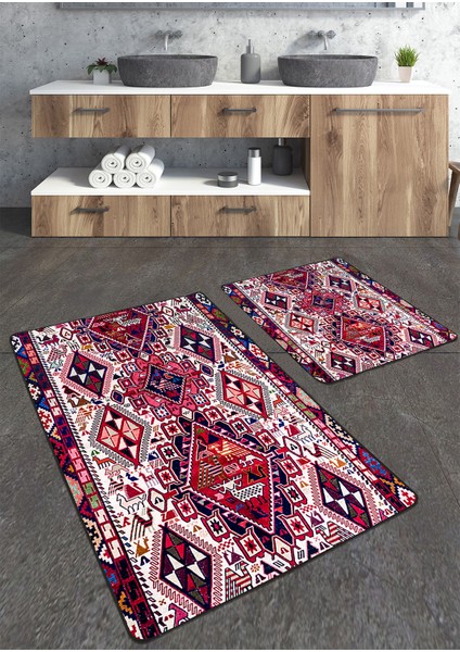 Dokuma Kilim Desenli 2'li Büyük Boy Banyo Paspas Seti